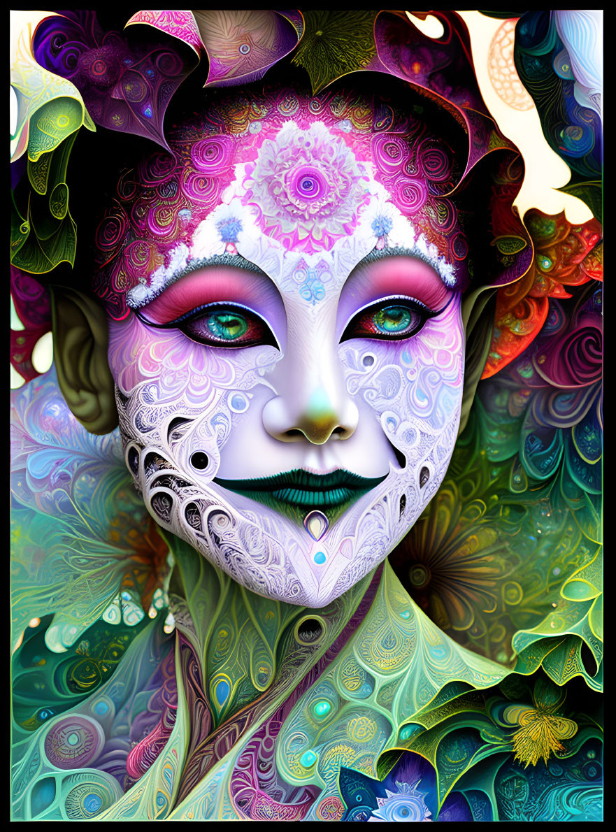 Vibrant digital artwork: stylized face with intricate patterns and floral motifs