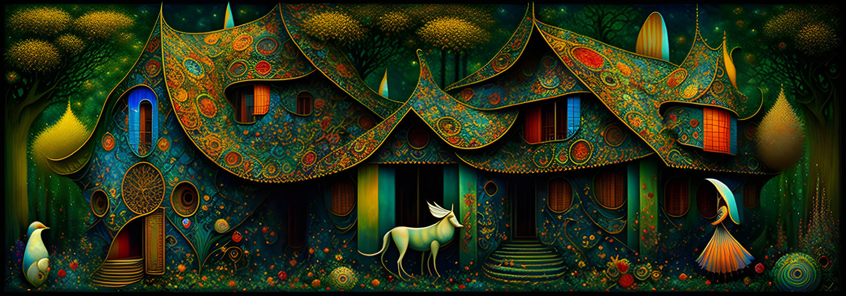 Vibrant digital painting of peacock-themed house in magical night scene