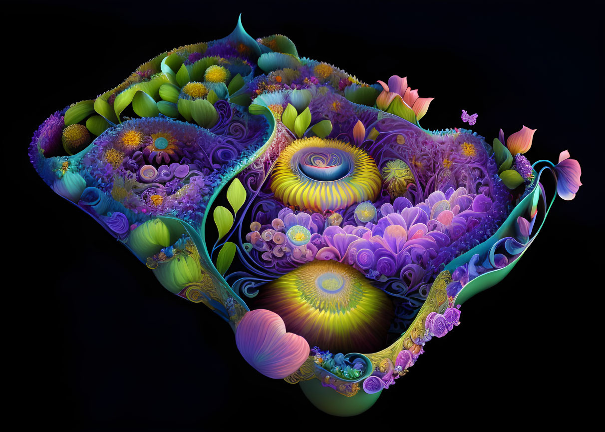 Vibrant abstract garden fractal with swirling flower patterns