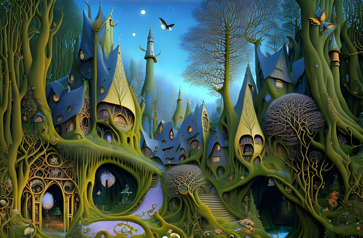 Fantastical forest with whimsical treehouses and vibrant foliage