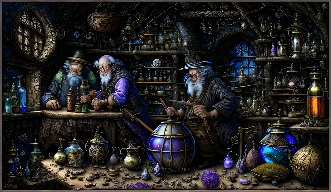 Magical workshop with wizards mixing potions