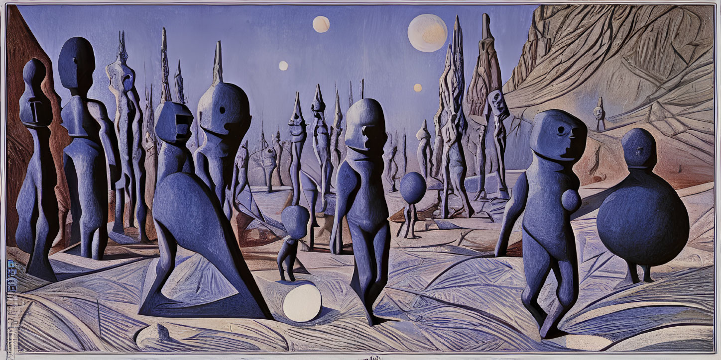 Surreal landscape with humanoid figures, multiple moons, and blue desert terrain