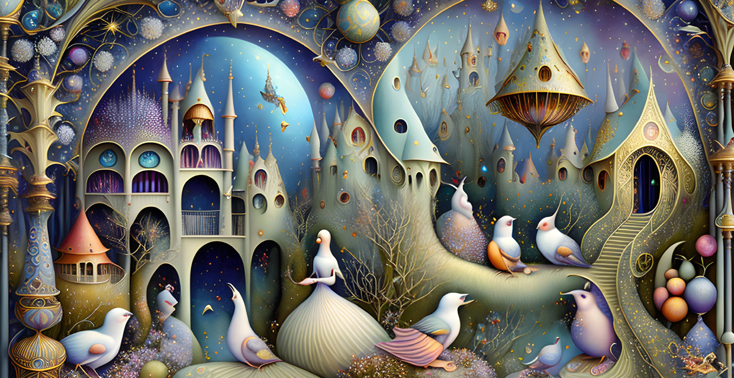 Fantasy landscape with whimsical architecture, floating islands, birds, stars, and celestial elements