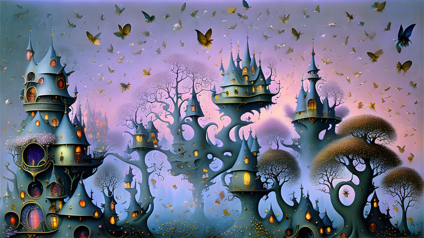 Fantasy landscape with fairytale castles, floating islands, trees, and butterflies