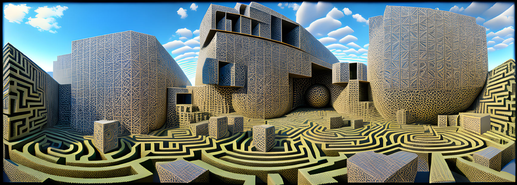 Surreal digital artwork: Cubic structures, maze, blue sky.