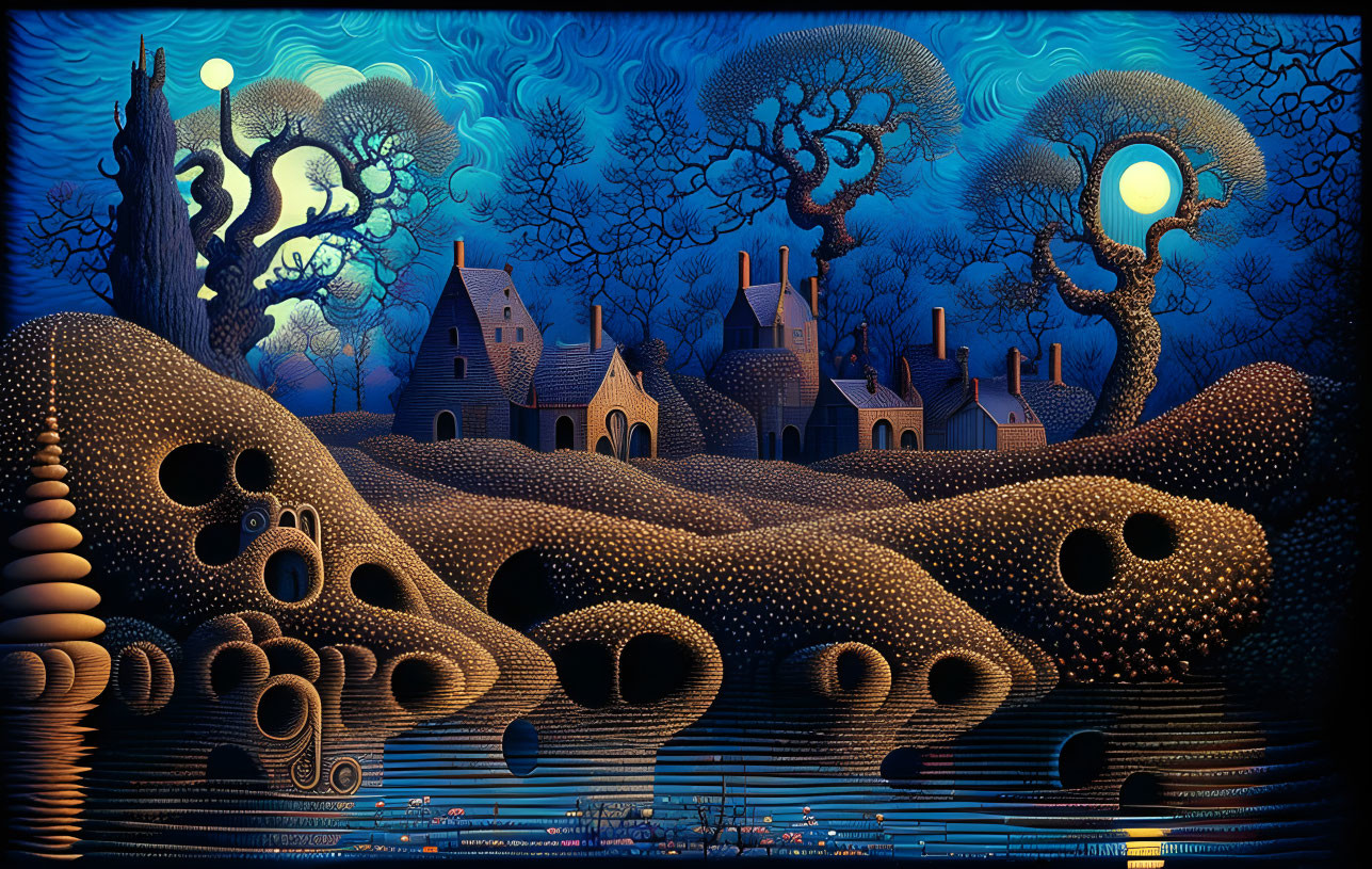 Whimsical night scene with rolling hills, glowing houses, and dual moons