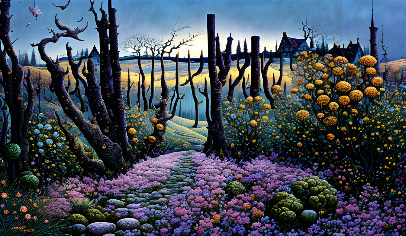 Vibrant flowers, barren trees, and castle in twilight landscape