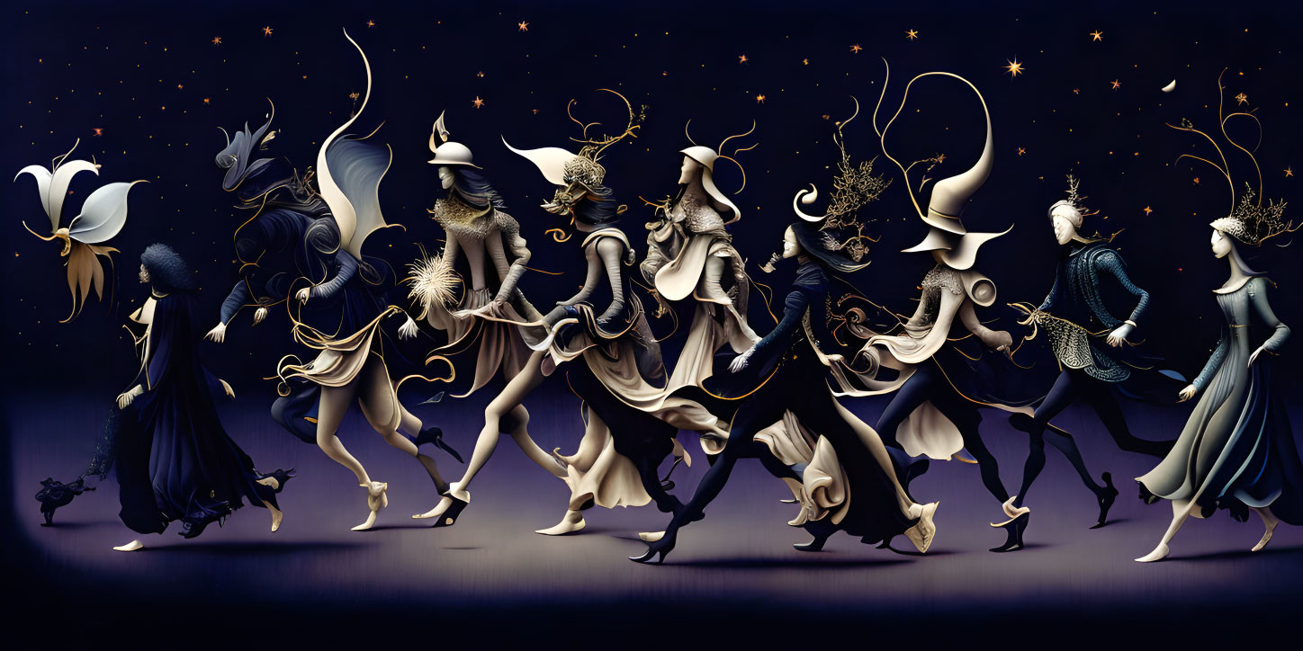 Whimsical parade of figures in elegant costumes with starry night backdrop