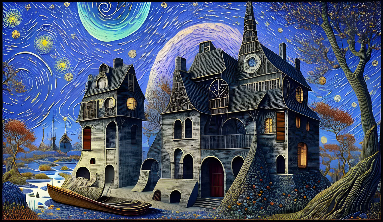 Gothic house by river at night with swirl-patterned sky, moon, stars, trees,