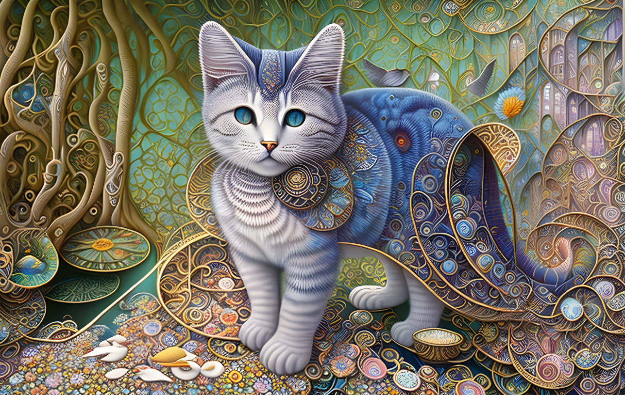 Intricate paisley-patterned fur on a cat in fantasy illustration