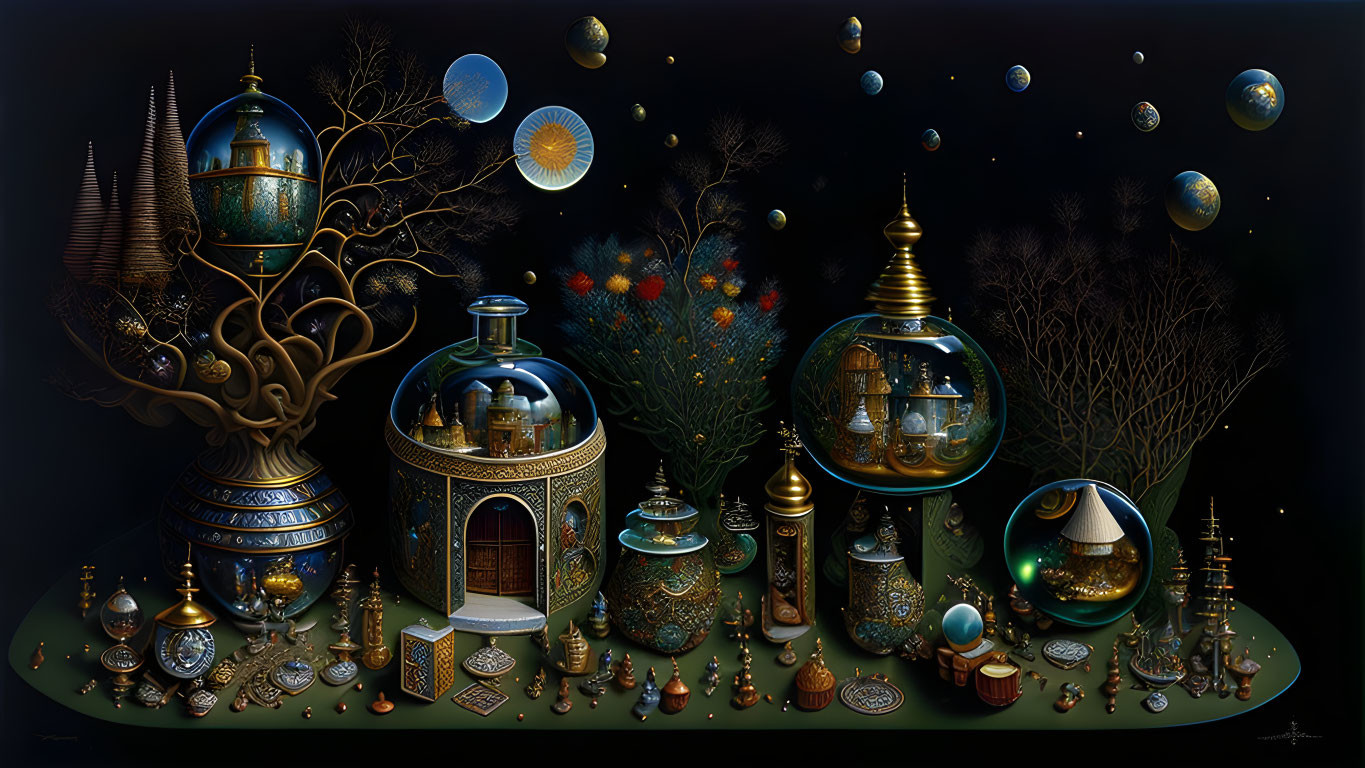 Ornate spherical fantasy structures against dark backdrop