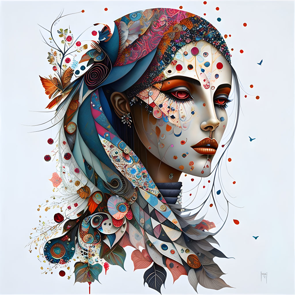 Colorful woman's profile with intricate hair patterns, flowers, and butterflies