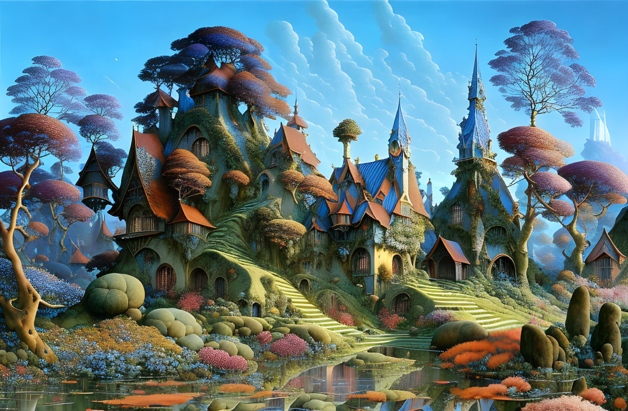 Magical village digital artwork with mushroom trees and charming cottages