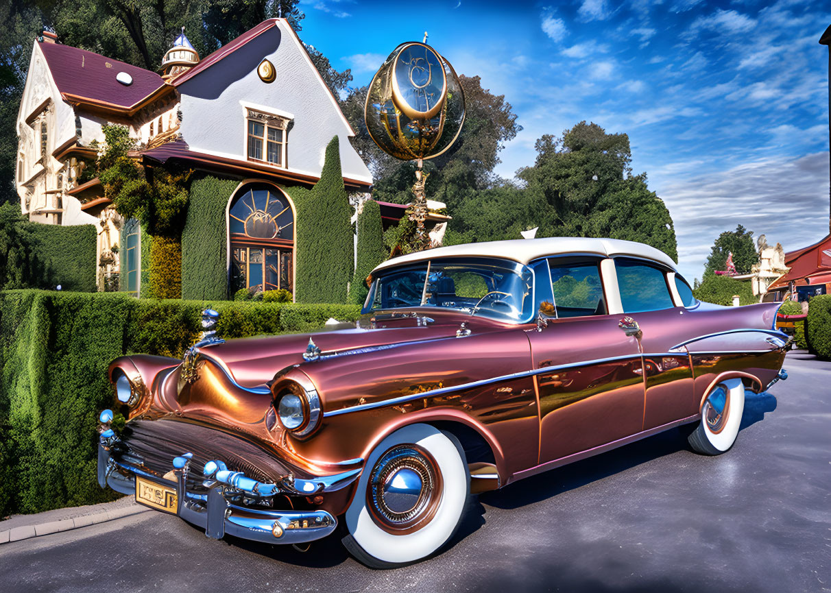 Vintage Brown Car Outside Ornate House with Garden and Spherical Sculpture