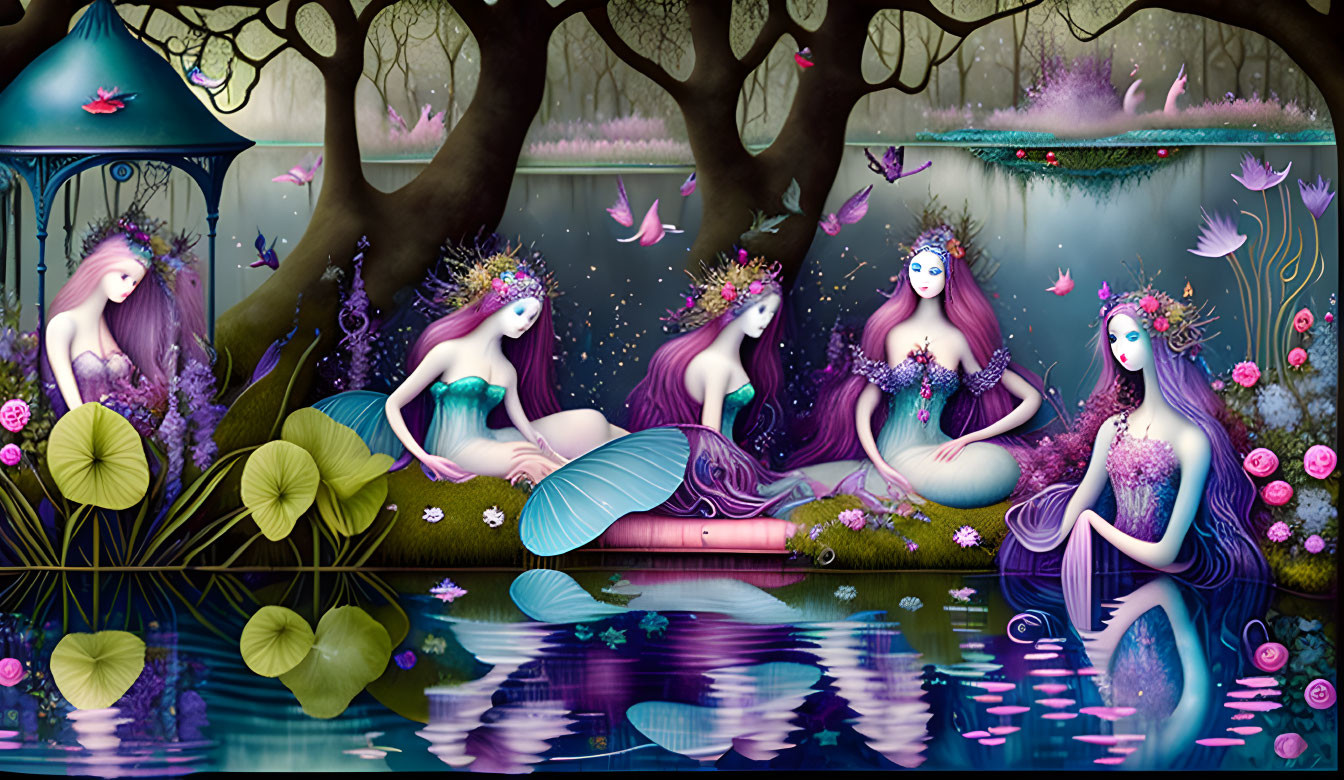 Mermaids with Purple Hair in Magical Forest Pond