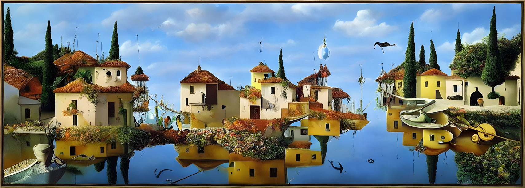 Surreal landscape: floating yellow buildings, flying fish, green vegetation