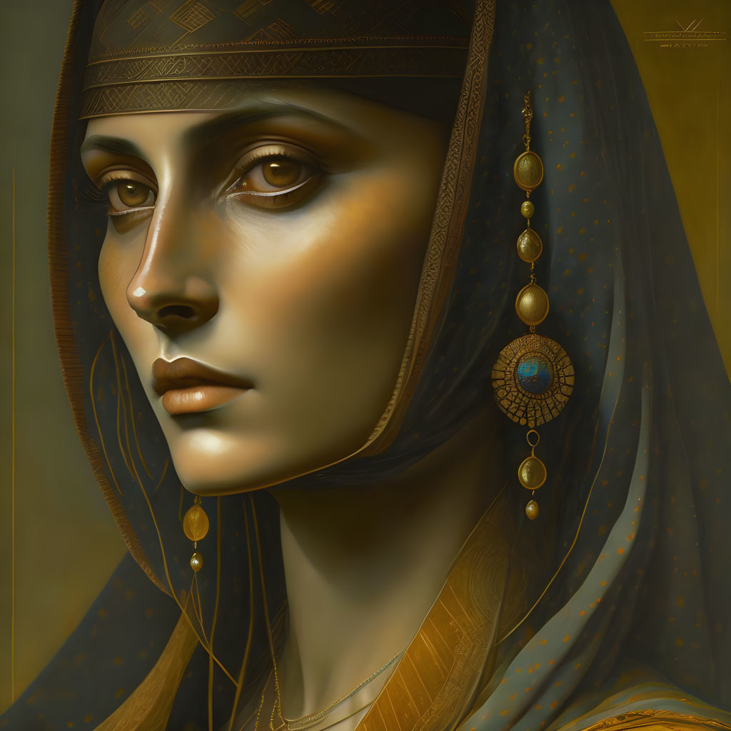 Portrait of Woman with Adorned Headpiece and Golden Earring