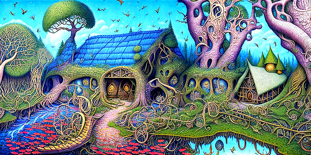 Colorful Fantasy Houses in Whimsical Landscape with Magical Trees