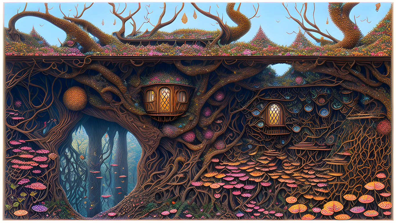 Detailed Tree Houses Connected by Branches in Enchanting Forest Scene