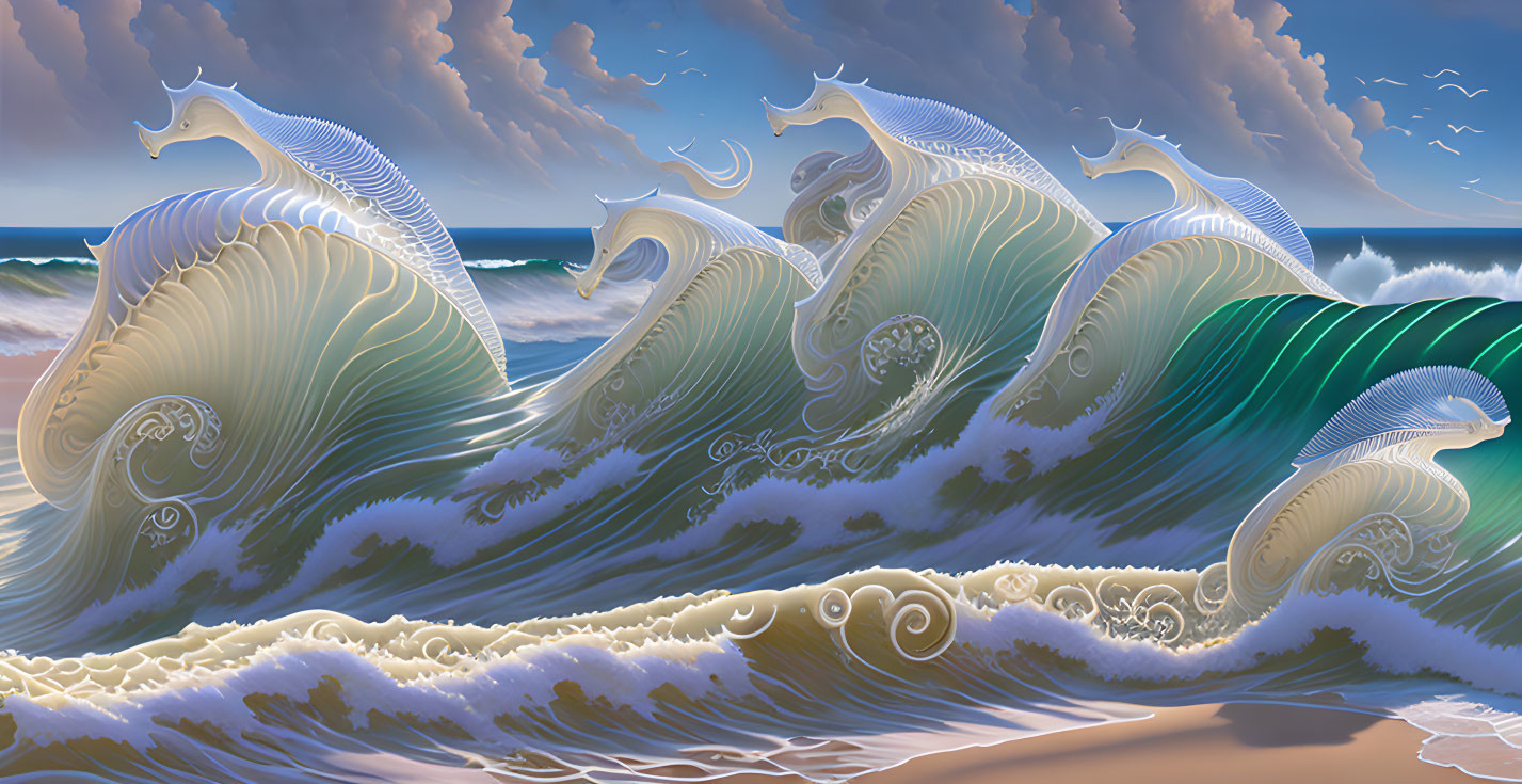 Intricate patterns of cresting ocean waves under a sky with clouds and birds