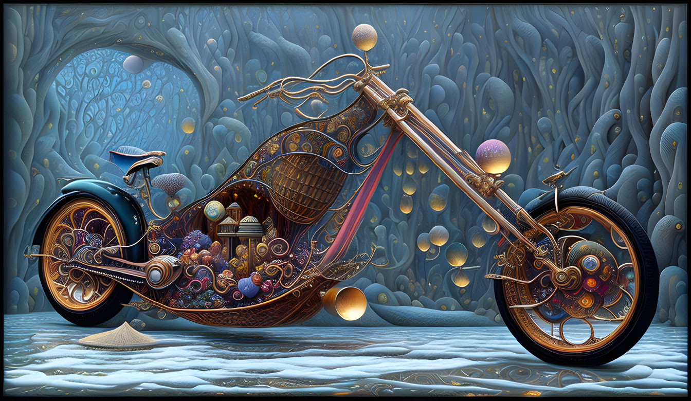 Fantastical motorcycle with intricate designs on blue backdrop