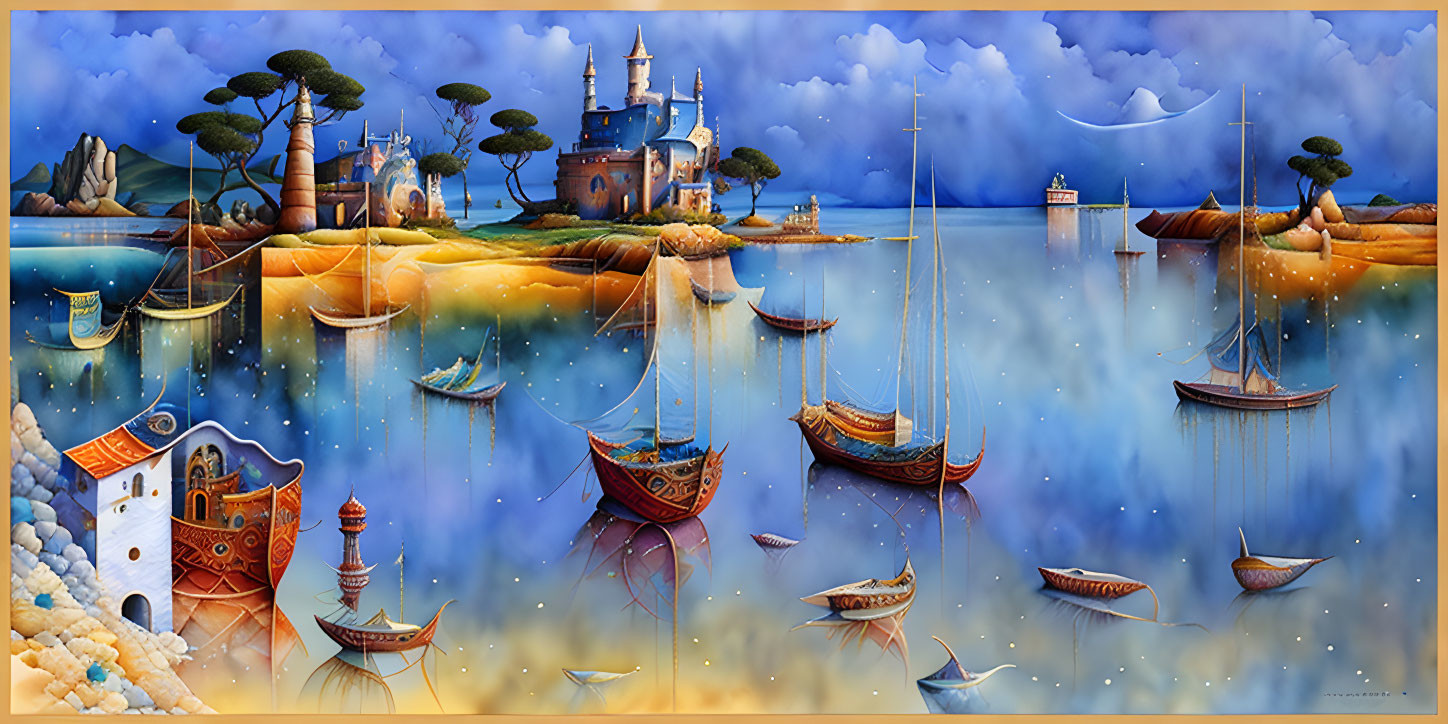 Surreal landscape with castle, ships, and floating islands