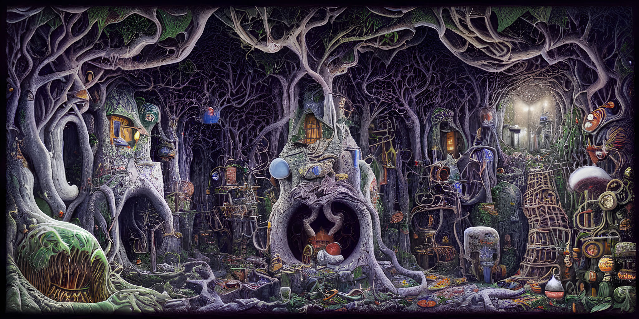 Whimsical forest scene with tree houses and enchanted creatures