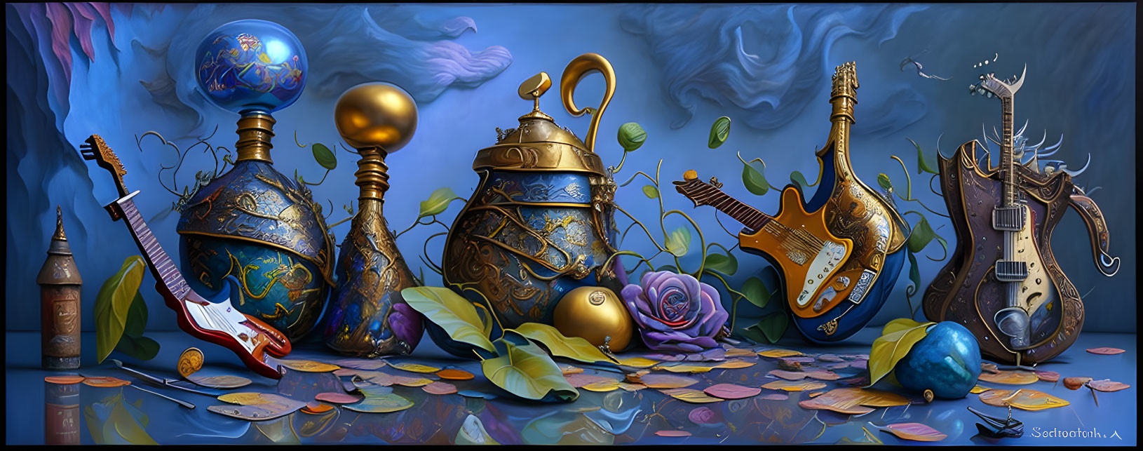 Eclectic still life with guitars, teapot, globe, and more on blue backdrop