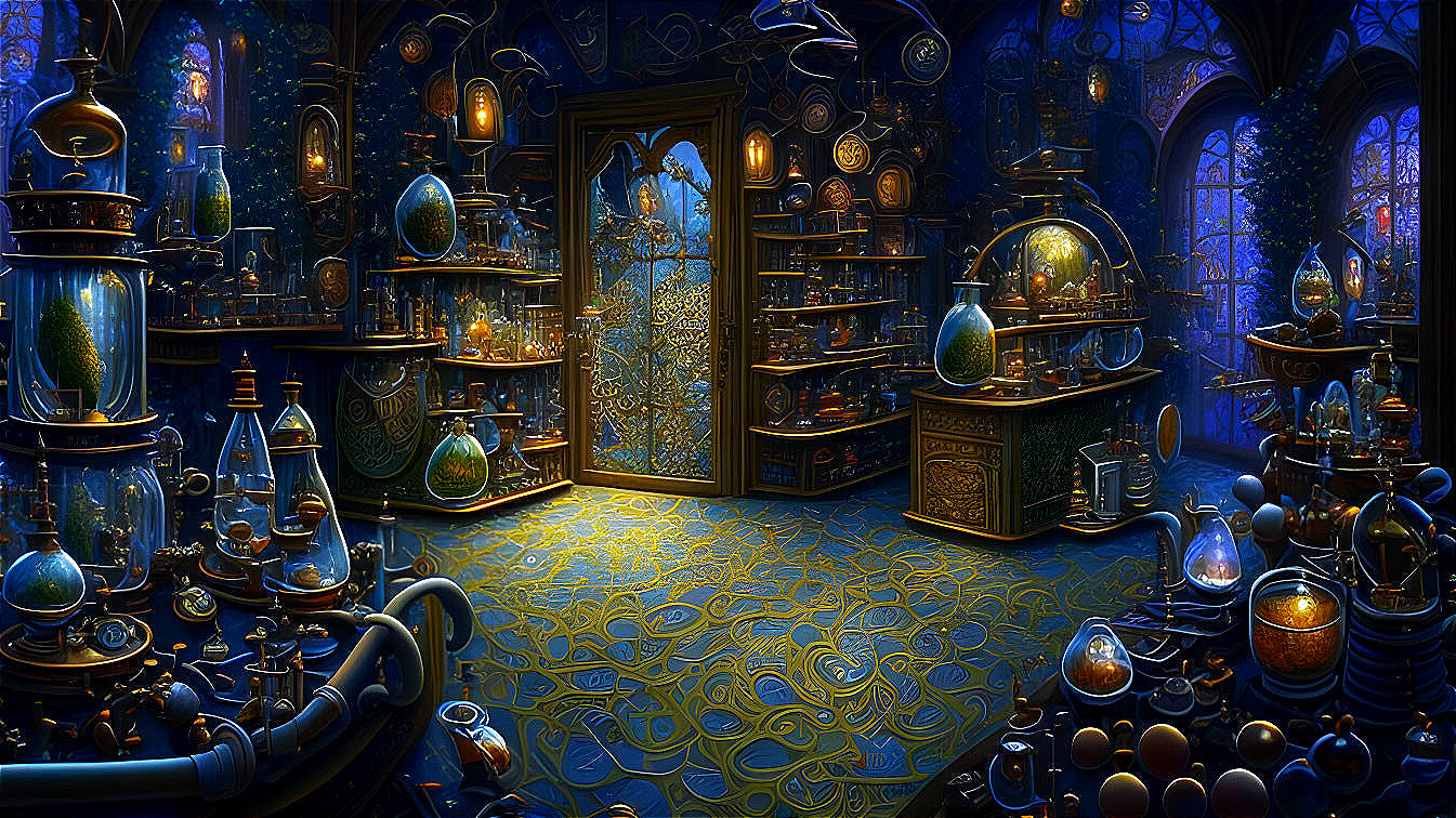 Dimly-lit room with celestial globes, devices, flasks, and mystical symbols