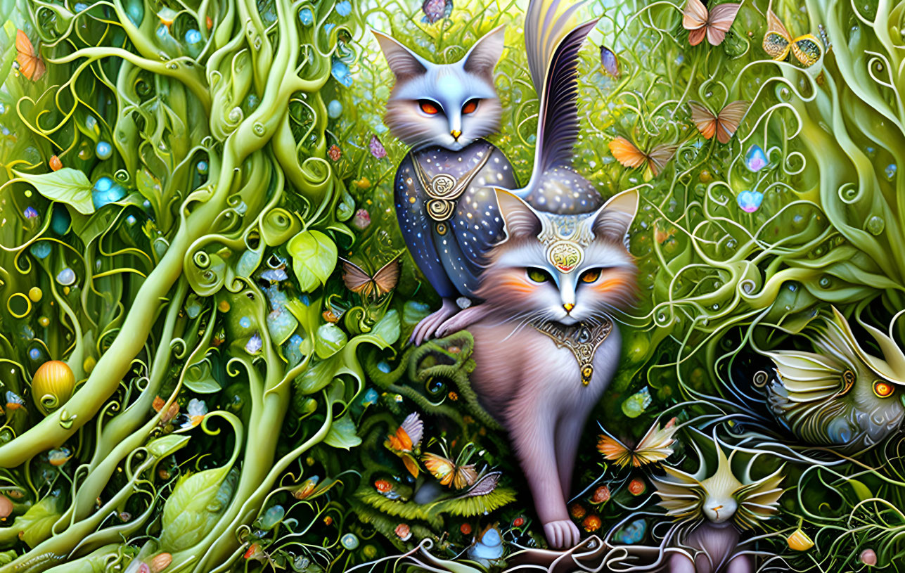 Stylized cats in ornate patterns in vibrant fantasy landscape