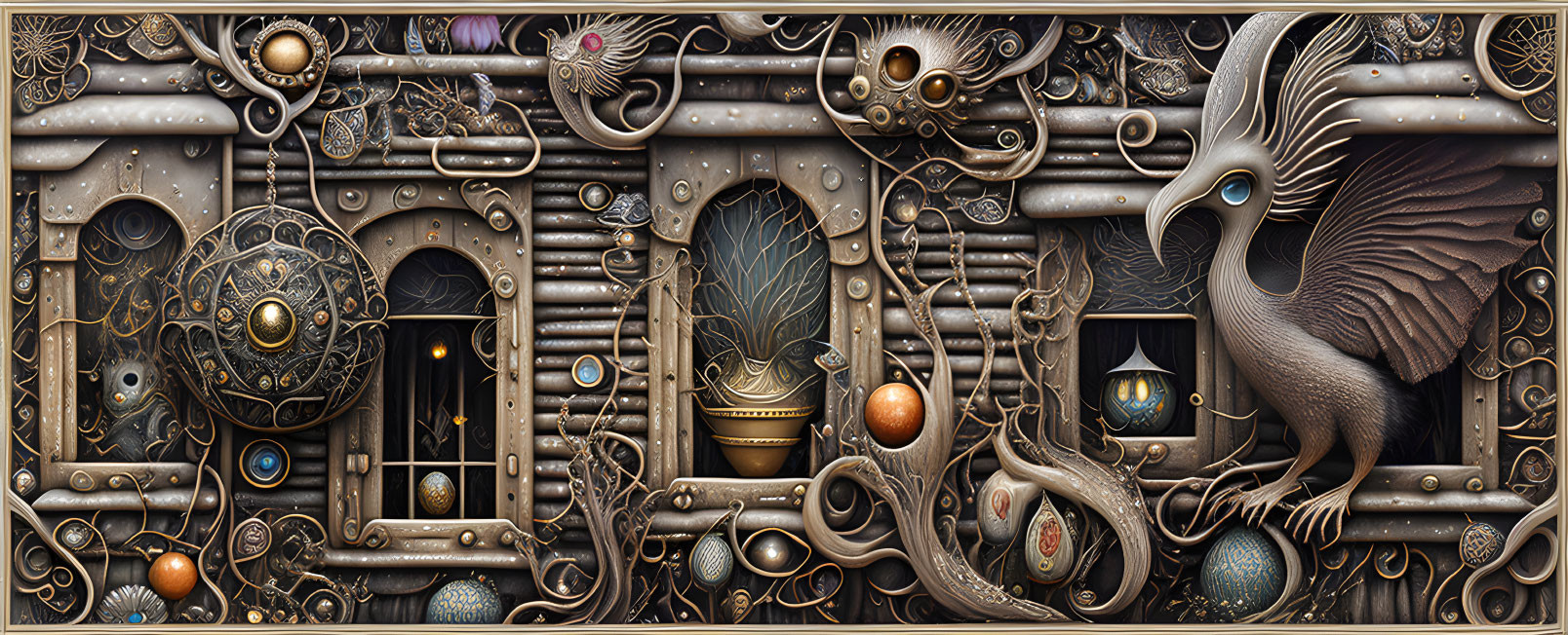 Steampunk-inspired artwork with mechanical elements and mythical bird in brown and gold hues