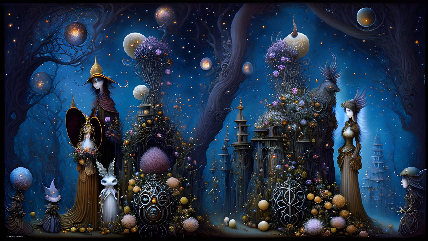 Fantastical scene featuring cloaked figures and whimsical structures.