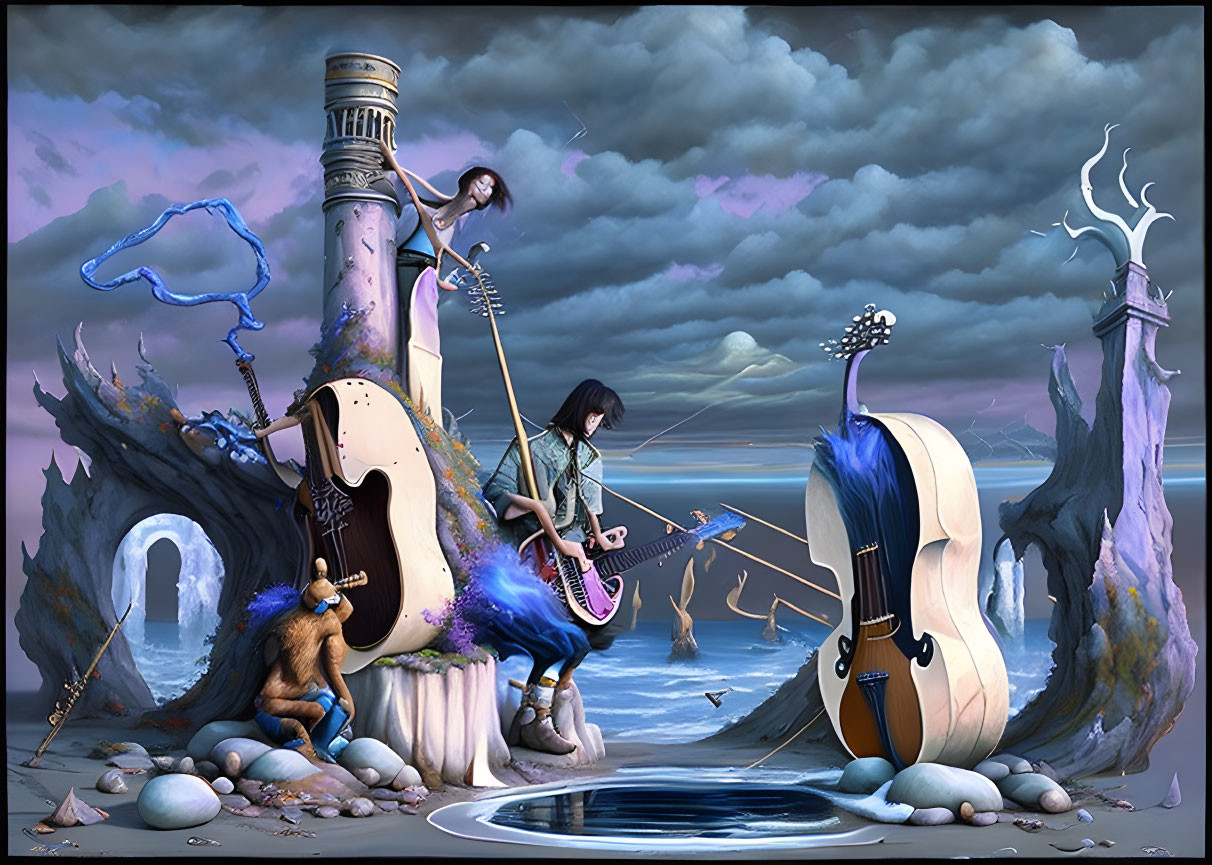 Surreal landscape with oversized instruments, lighthouse, and whimsical rock formations