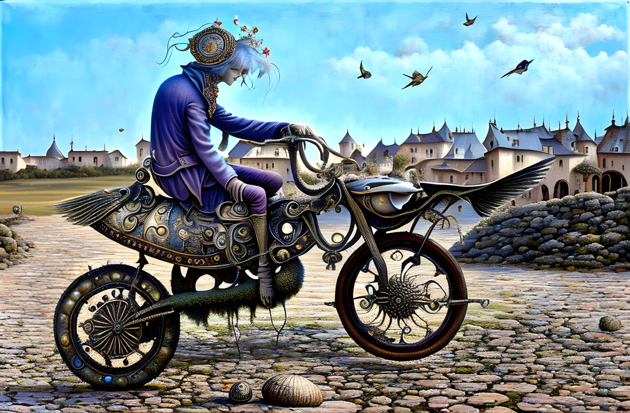 Purple Outfit Figure on Mechanical Horse-Bike in Fantasy Scene