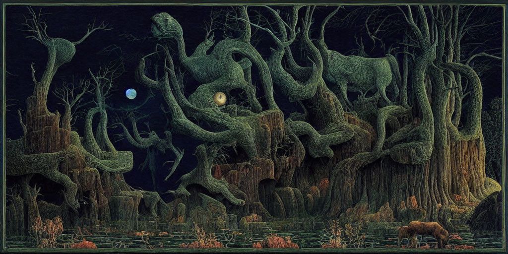 Twisted trees, glowing eyes, eerie moon in night forest