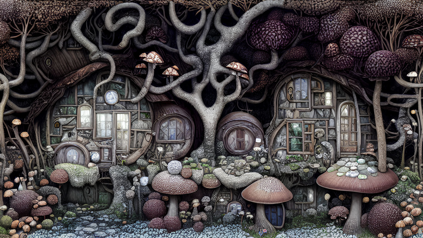 Detailed Woodland Scene with Mushroom Houses & Fantastical Fungi