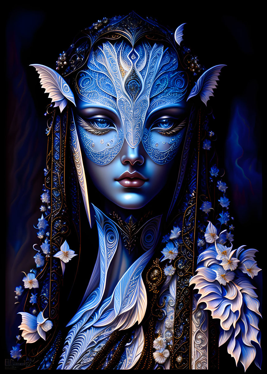 Detailed digital artwork: Figure with blue mask, ornate headdress, white floral embellishments on dark