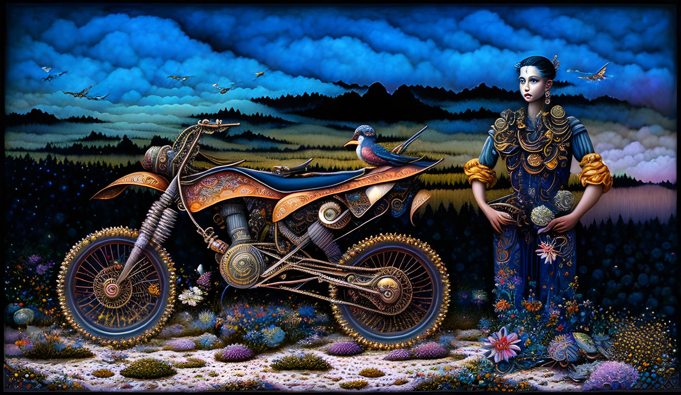 Surreal artwork of woman in ornate attire with stylized motorcycle in vibrant landscape