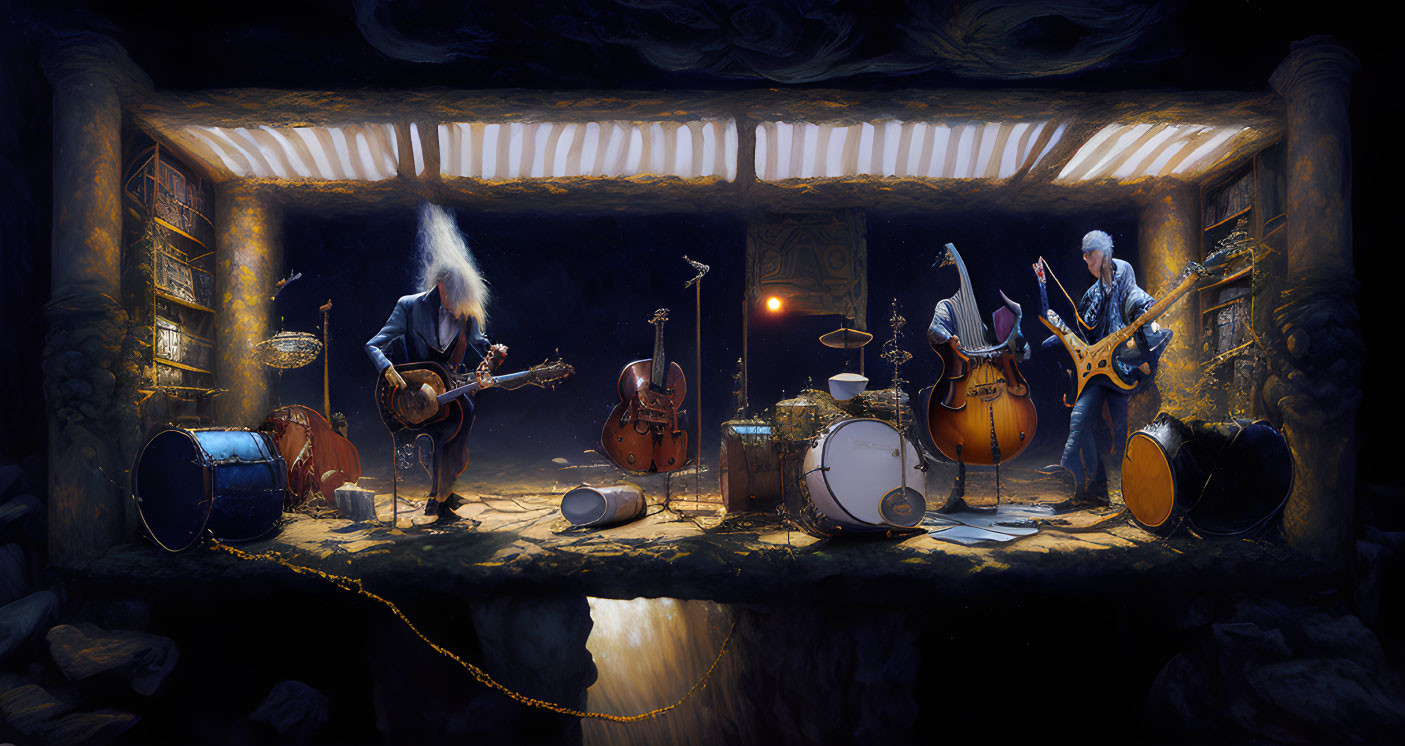 Anthropomorphic animals playing instruments in dimly lit cave room