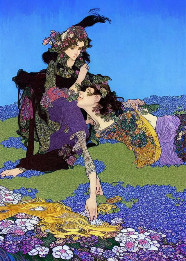 Art Nouveau illustration of two women in floral setting