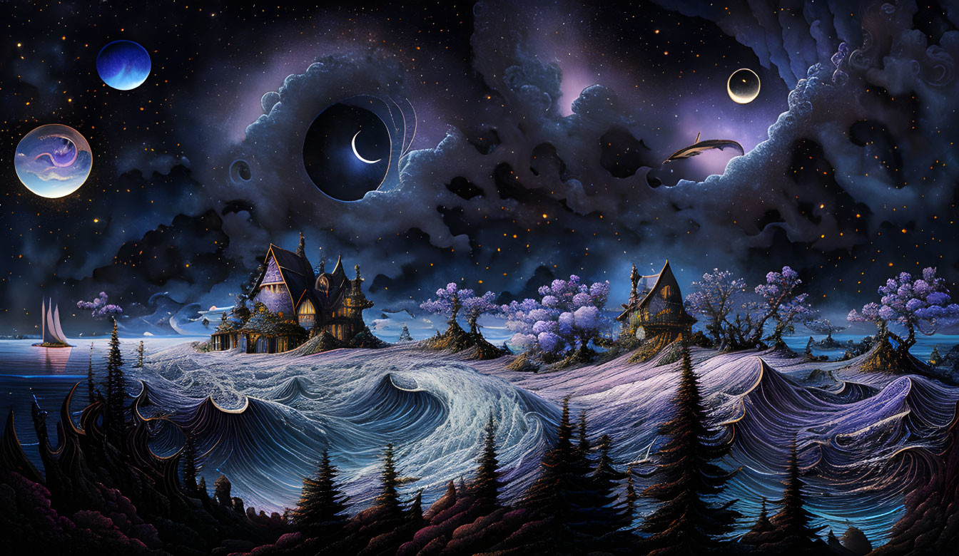 Fantastical surreal landscape with multiple moons and soaring creatures