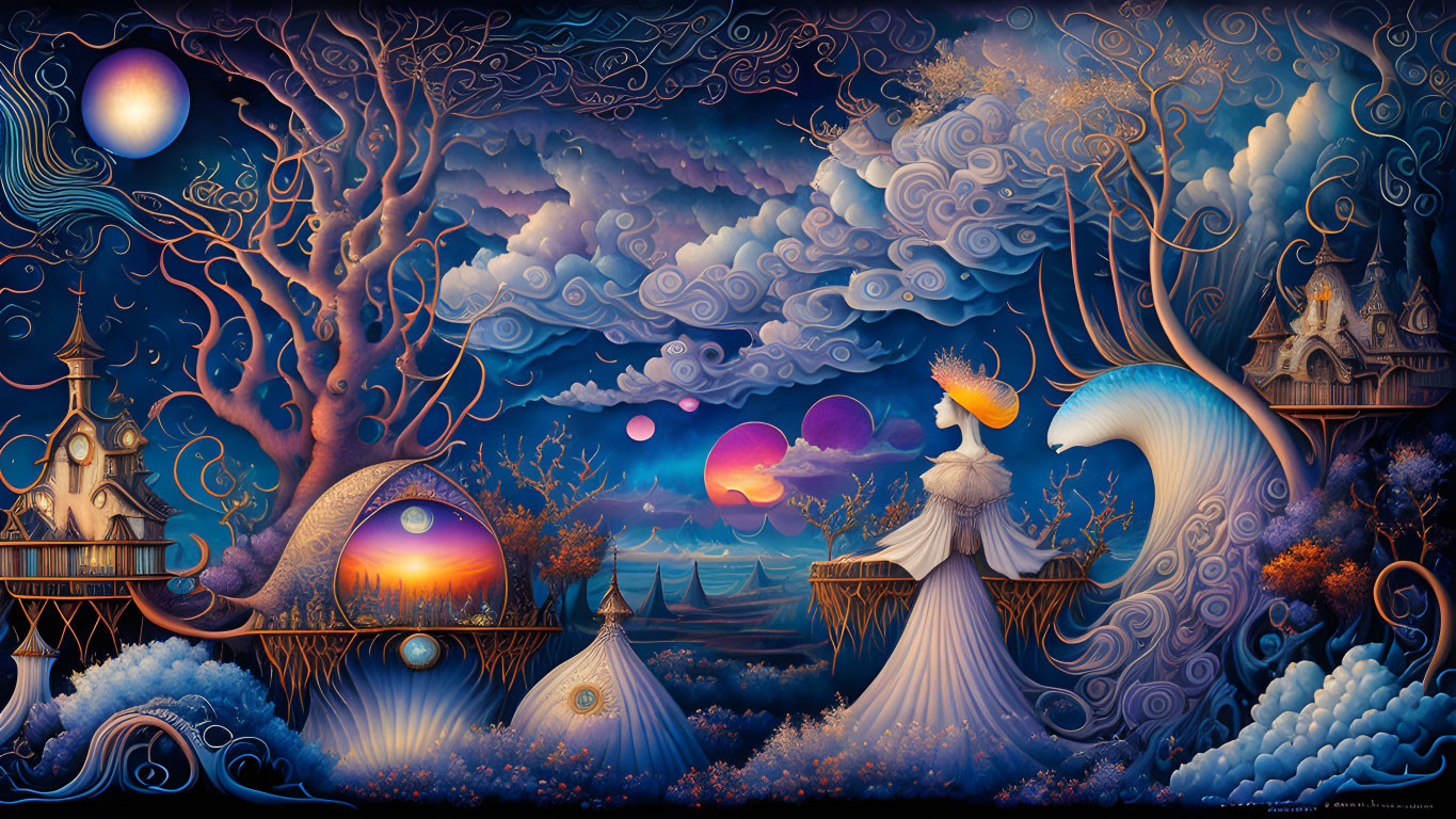 Surreal fantasy landscape with person in bird mask, whimsical trees, moons, waves, and