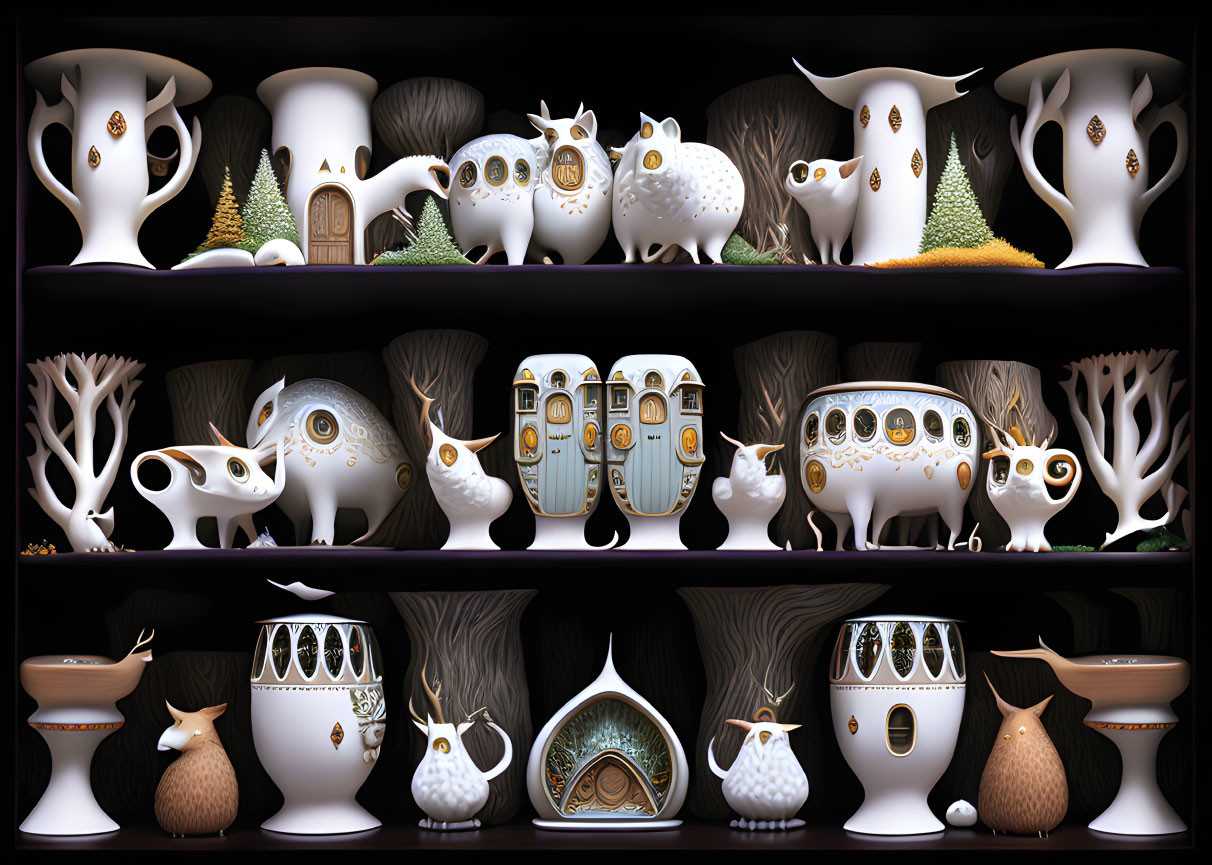 Whimsical white porcelain teapots with woodland and animal designs on dark wooden shelves