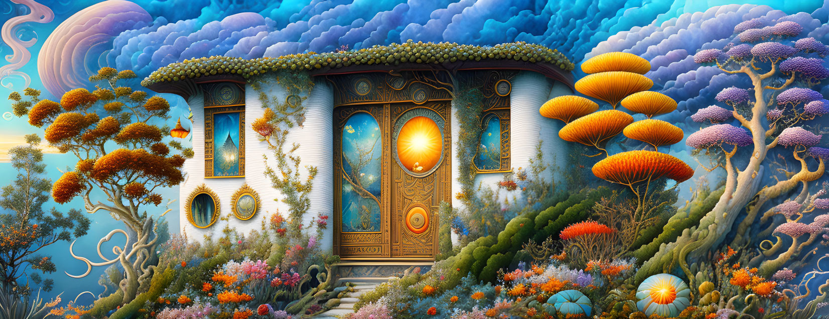 Whimsical landscape with golden doors and mushroom-shaped trees