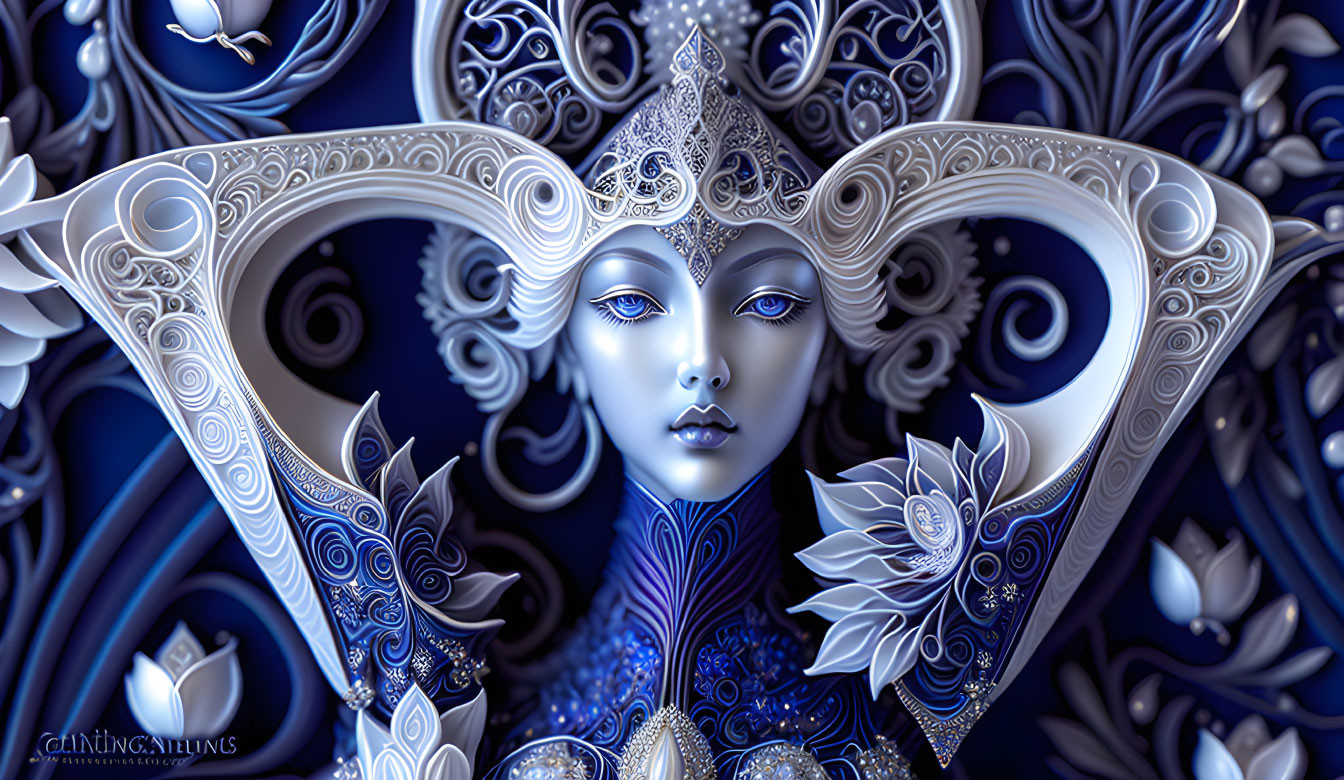 Fantasy female figure digital artwork with silver and blue headdress, horns, doves, and floral