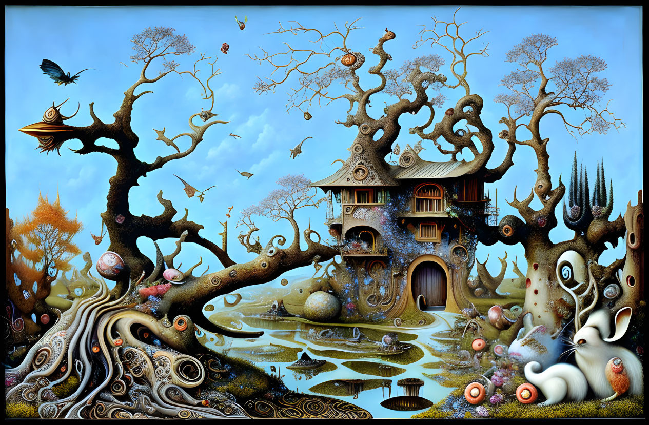 Whimsical surreal landscape with organic structures and fantastic creatures