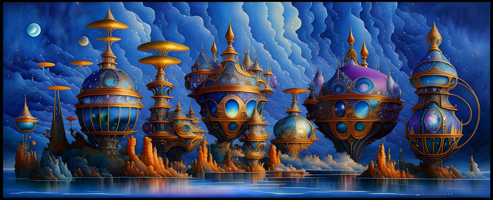 Fantastical cityscape with floating buildings over water under starry sky