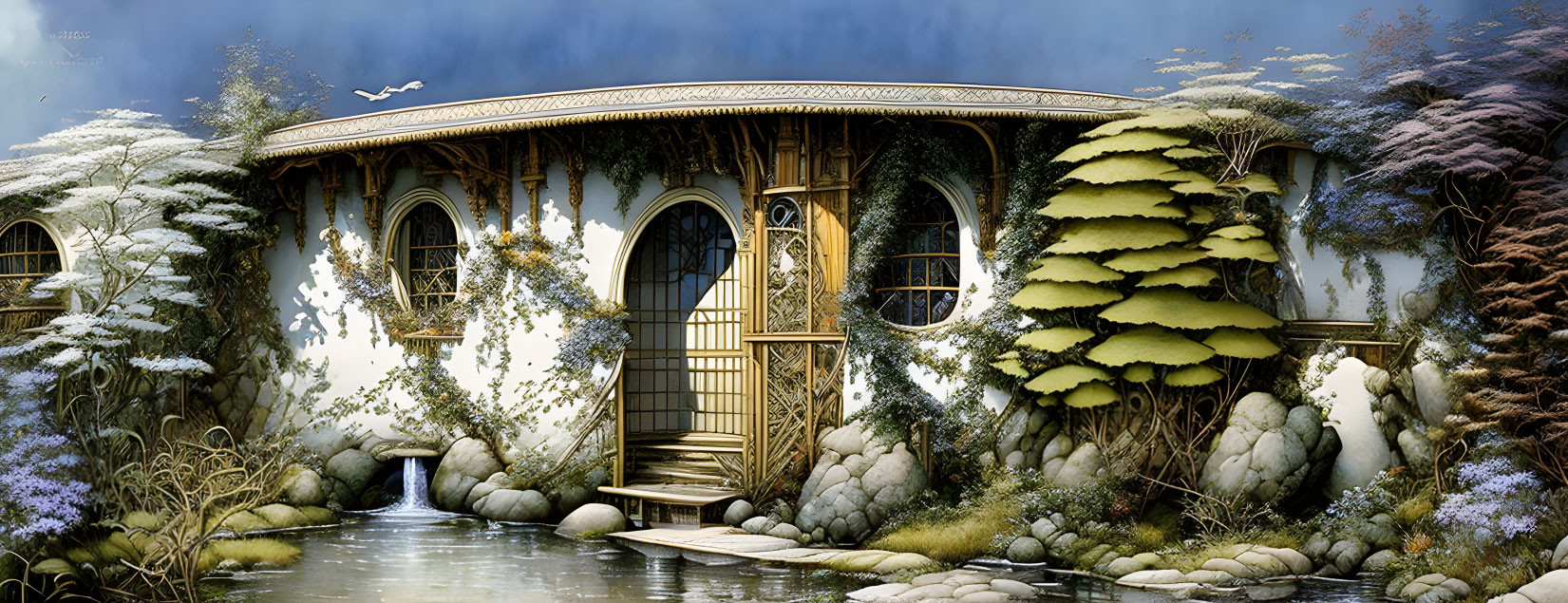 Circular door and window hobbit-style house in lush landscape