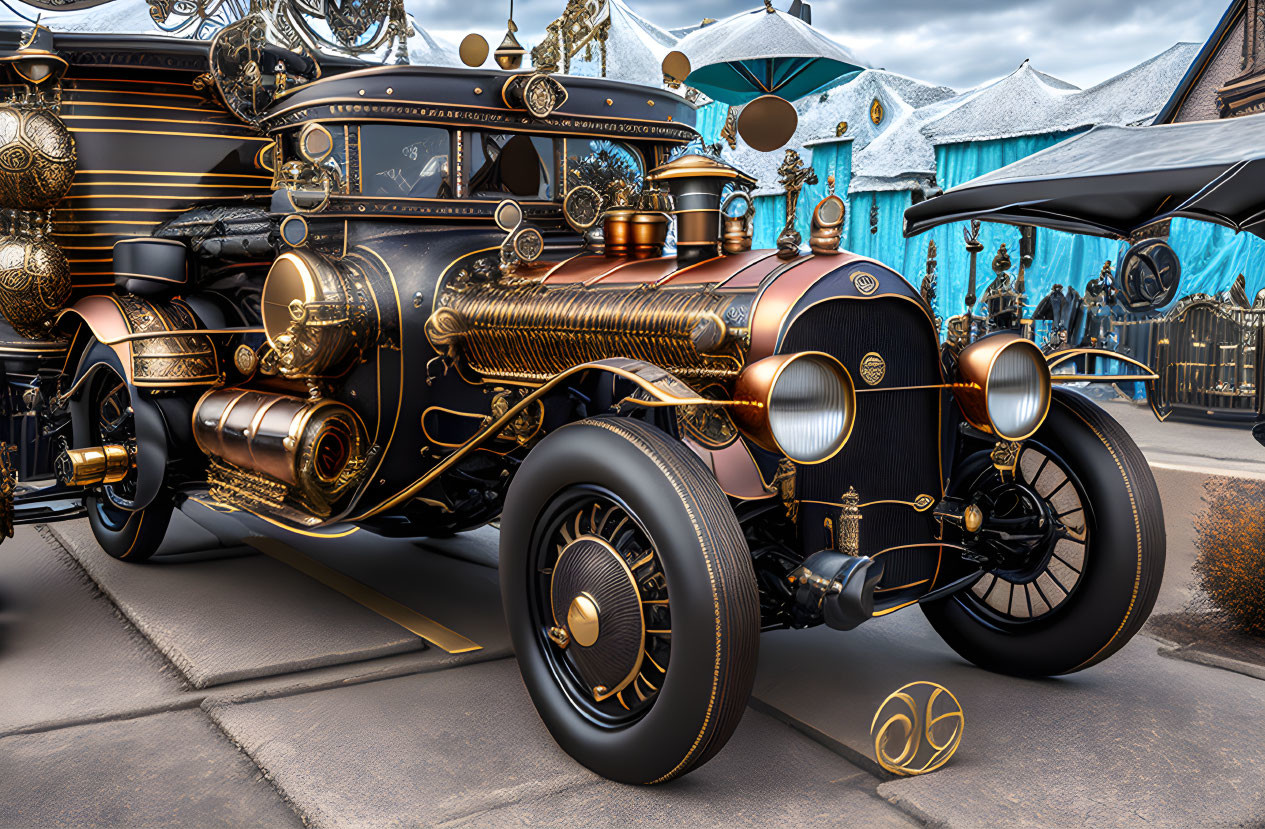 Steampunk-style car with brass detailing and whimsical architecture.