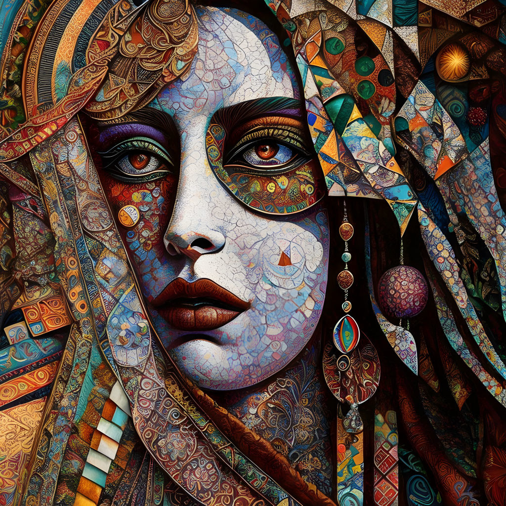 Colorful intricate artwork: Woman's face with detailed patterns, textures, ornate earring